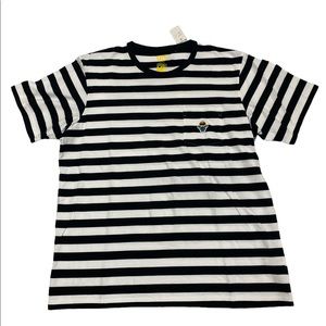 Black and white striped minions shirt with breast pocket.